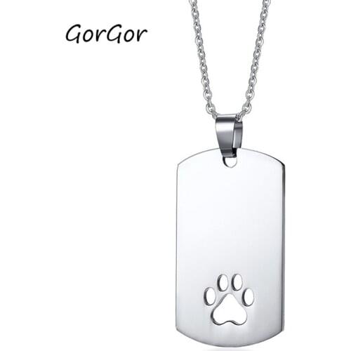 GorGor Stainless Steel Dog Paw Print Dog Tag Pendant with Engraving Necklaces for Women Sliver Chain Jewelry PN-915S