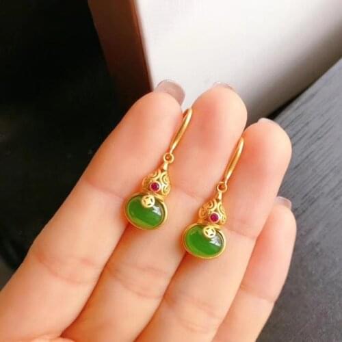 Natural Hetian Jade Green Jade Gourd Eardrops Spinach Green Warm and Flawless Ancient Gilding Frosted Sterling Silver Inlaid Anc