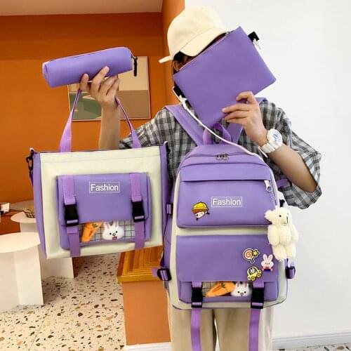 2021 4Pcs Set Nylon School Backpacks Women Lovely School Bags for Teenage Girls Bookbags Students Travel Shoulder Bags Purple
