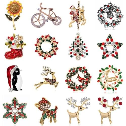 Music Santa Claus Sika Deer Owl Boots Crystal Bauhinia Shape Ladybug Grape Deer Antlers Head Pin Brooches Jewelry Banquet Gifts