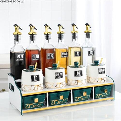 Nordic Seasoning Box Combination Set Household Ceramic Seasoning Jar Salt Shaker Glass Oil Bottle Storage Rack Kitchen Supplies