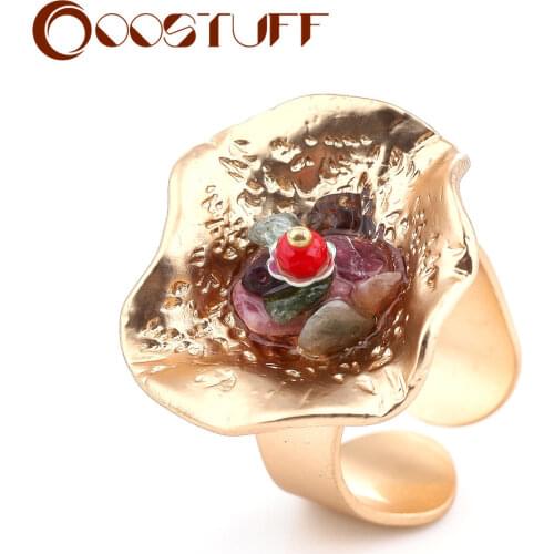 Wholesale Gold Silver Color Flower Resizable Rings Body Jewelry For Women Fashion Statement Plant Coral Stone Flower Accessories