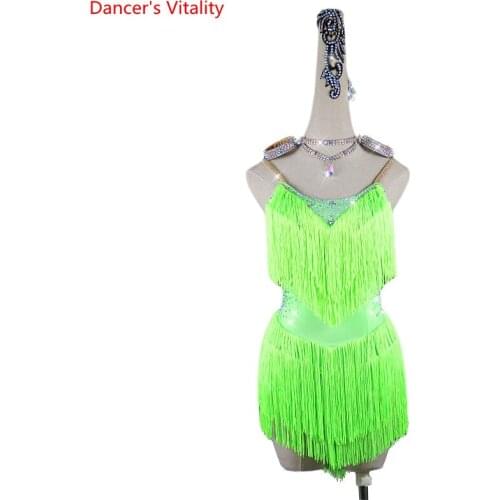 Latin Dance Dress Sling Tassel Skirt Diamond Competition Clothing High-End Custom Adult Child Professional Performance Clothes