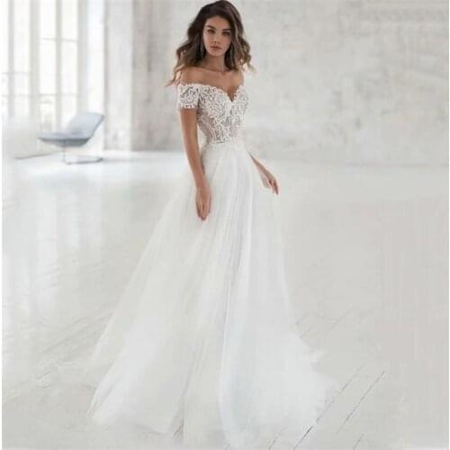 Backless Off-Shoulder Short Sleeve A-Line Tulle Sweep Train Applique Wedding Dress vestido de noiva Bridal Dress Wedding Gowns