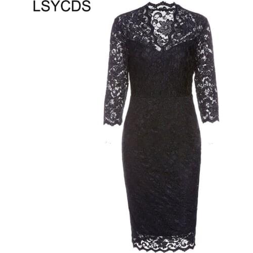 LSYCDS 2020 Elegant Black Dress for the office V Neck 3/4 Sleeve Sexy Slim Embroidery Blue Casual Party Lace Women Dresses