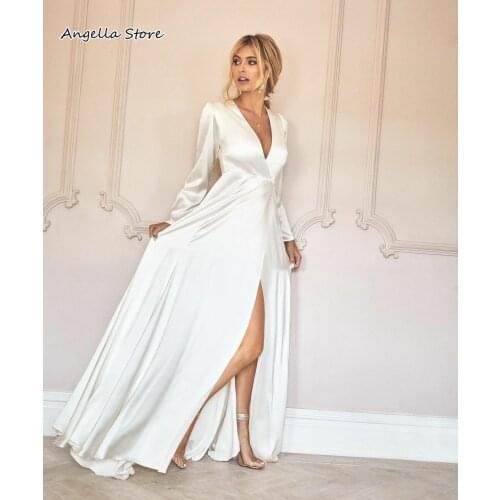 Simple Long A Line Wedding Dress For Bride Full Sleeve V Neck Bridal Gowns Sexy Split Front Vestidos De Novia