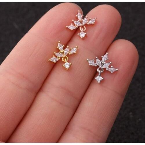 1 PCS Fashion CZ Geometric Flower Piercing Ear Bone Cuff Stud Earrings with Small Pendant Piercing Stainless Steel Bar Ball Ears