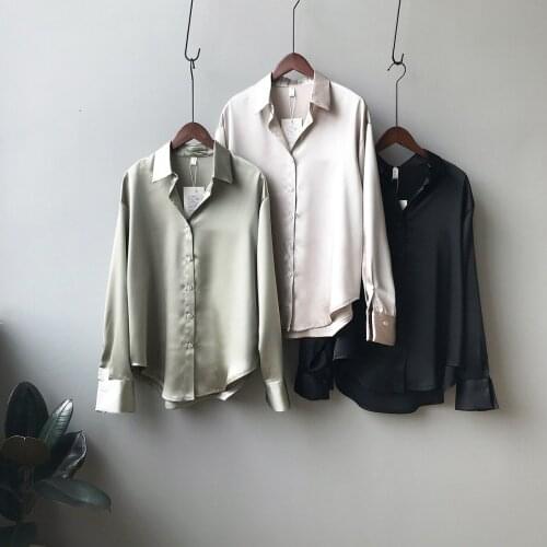 2021 New Chic Casual Loose Poplin Shirt Female Temperamen Silk Blouse Shirt Women Elegant Korean Solid Color Oversize Top