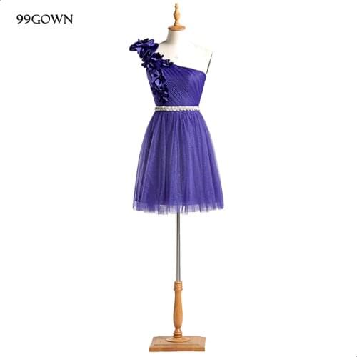 99GOWN Blue Tulle Mini Dress For Wedding Party 2019 Simple Bridesmaid Dress Sexy One Shoulder Sashes Wedding Guest Dress