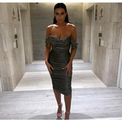 2019 New Autumn Winter Bodycon Bandage Dress Grey Celebrity Prom Off Shoulder Mesh Vestios Moonccloset1