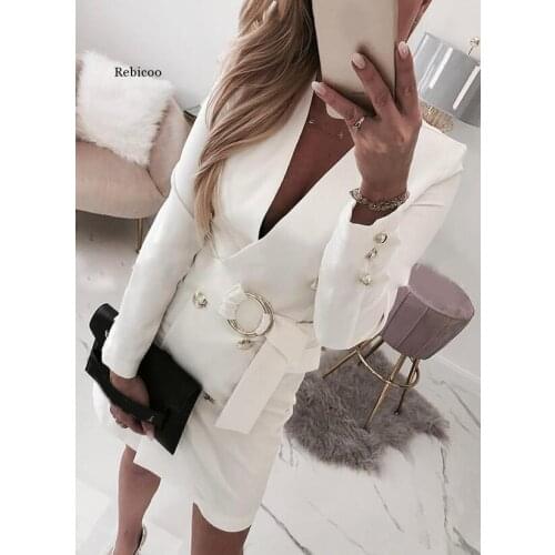 Women Office Lady Mini Deep V-Neck Slim Dress Full Sleeve Dress Autumn Winter New White Shoulder Solid Color