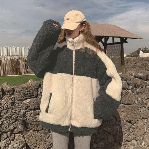 Winter 2021 New Lambswool Splicing Zipper Women Coat Thick Casual Stand Loose Pocket Wool Liner Female Sweatshirt Patchwork Coat