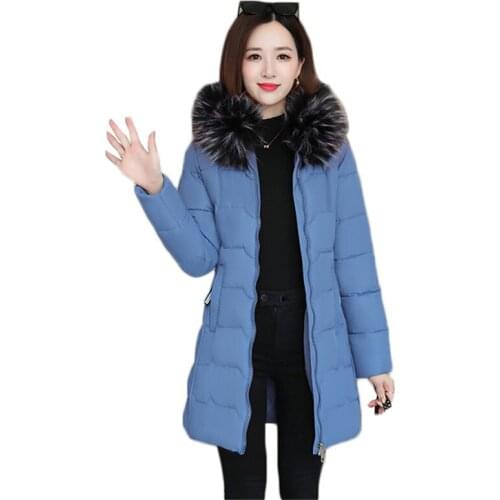 Winter coat women blue M-4XL plus size loose fur hooded down cotton jacket Korean fashion long thick warmth parka feminina JD898