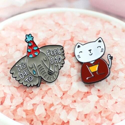 2 pieces of set Enamel Brooches Cat in red Kimonos sad elephant in clown hat Happy Smile Sad Pins badge Jewelry gifts for kids