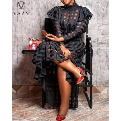 VAZN 2021 Autumn Hollow Out Black Classic Sexy Club Full Sleeve A-Line Long Dress High Waist Young Vestidos For Female