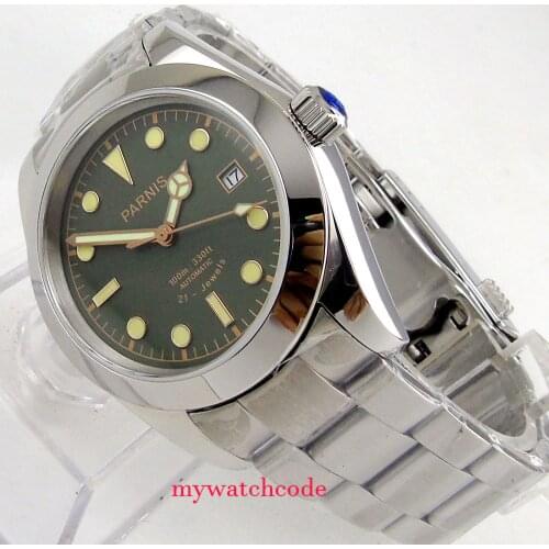 40mm parnis black and green dial luminous sapphire glass miyota automatic mens watch