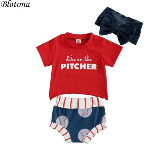Blotona Summer Kids Baseball Set Short Sleeve O-Neck High Waist Triangle Crotch Shorts with Bowknot Hairband 3Pcs Outfits 0-24M