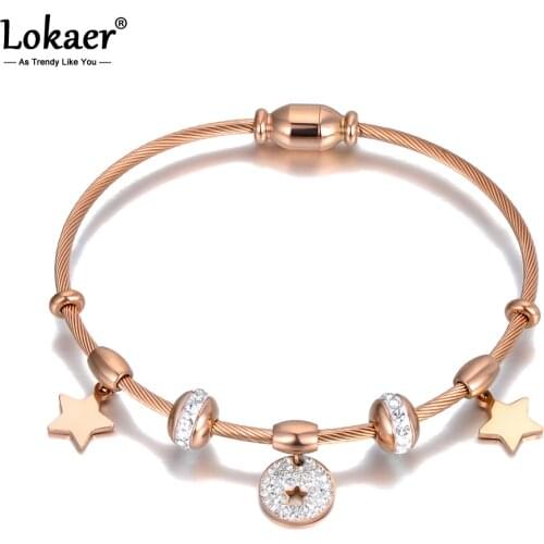 Lokaer Trendy Clay CZ Crystal Star Charm Bracelets Bangle For Women Stainless Steel Link Chain Bracelet For Birthday Gift B20020