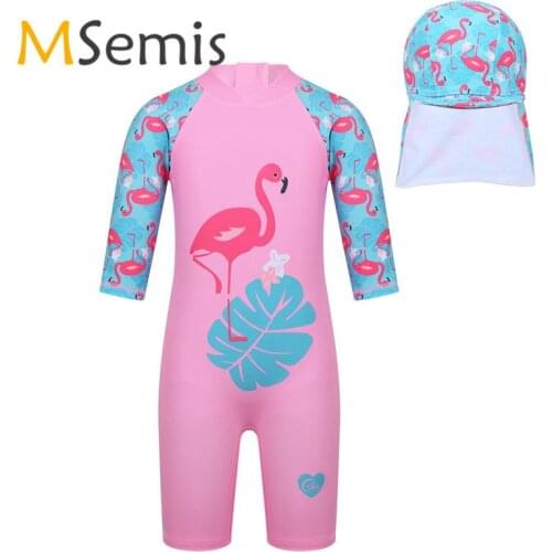 Kids Girls Swimsuit One-piece Swimwear Swim Cap Pattern Printed Swimsuit Rash Guard Childrens Swimming Suit Beach Bathing Suit