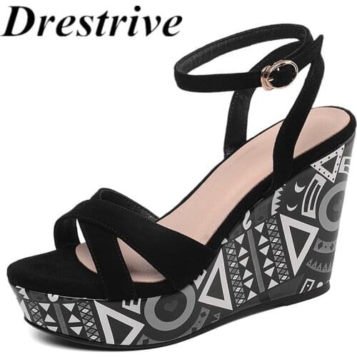 Drestrive Women Sandals Kid Suede Wedges Buckle 2021 Summer Fashion High Heel Shoes Platform Print Black Size 39 Dress