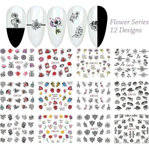 12 Designs Flower Slider Nail Sticker Water Transfer Black Floral Decals Watermark Nail Art Tattoo Manicure Wraps Decoration