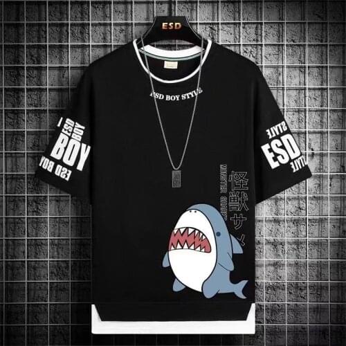 Fashion Mens T Shirts Korean Style Streetwear Short Sleeve Hooded Tops Tees Men Casual Harajuku Prints Men Clothing T Shirts