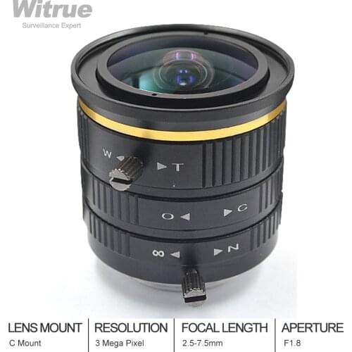 HD 3MP CS Wide Angle Zoom Lens 2.5-7.5mm Varifocal 1/3" F1.8 Industrial Inspection CCTV LENS Camera Accessories