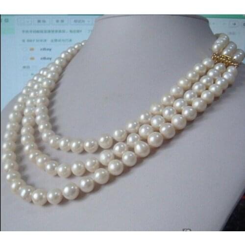 Beautiful Charming 3 row natural 9-10mm south sea white pearl necklace 17"18"19"yellow CLASP