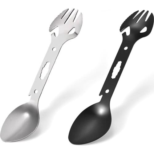 Multifunctional Stainless Steel EDC Spork Fork Spoon Bottle Can Opener Blade Wrench for Outdoor Picnic Survival Camping
