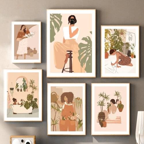 Fashion Girl Monstera Nature Life Illustration Art Canvas Painting Nordic Posters And Prints Wall Pictures For Living Room Decor