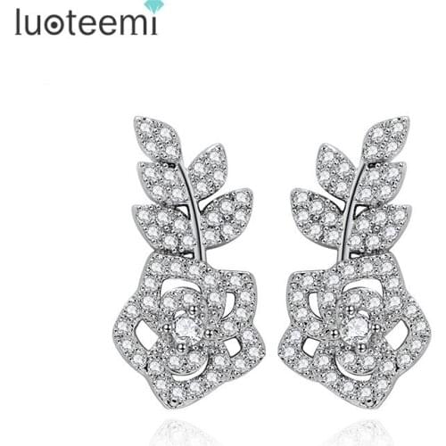 LUOTEEMI Trendy Plant Shining Crystal Stud Earrings White Gold-Color Leaves Flower Zircon Fashion Jewelry Brincos For Women