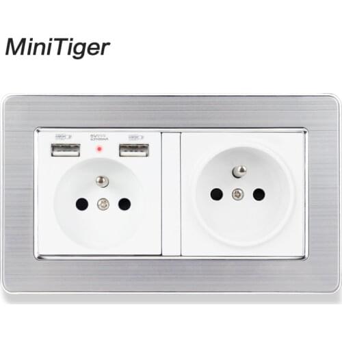 Minitiger 2 Gang French Standard Wall Socket With 2 USB Charge Port Hidden Soft LED Stainless Steel Brushed Panel