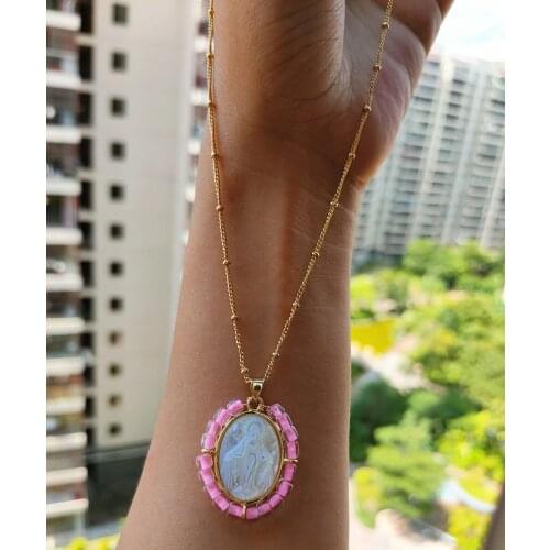 1pc Fashion Lovely Natural Oval MOP Mother Pearl Necklace with Pink Glass Beads Lady Grace Necklace for Women Gift