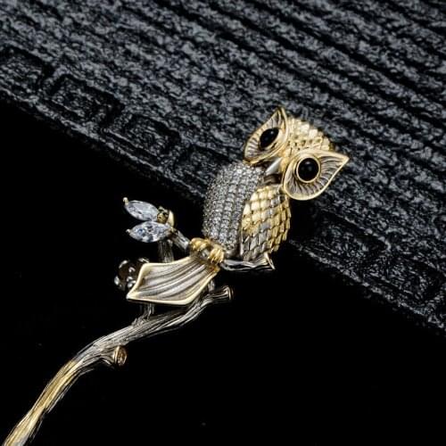 925 Sterling Silver Hair Stick Owl Bird Black Agate Hair Accessories Classic Luxury Jewelry Handmade