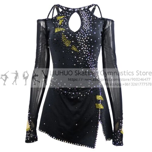 Figure Skating Dress Girls Dragon Pattern Black Spandex Ballroom Dance Skirts Quality Crystals Competition Dress Wholesale