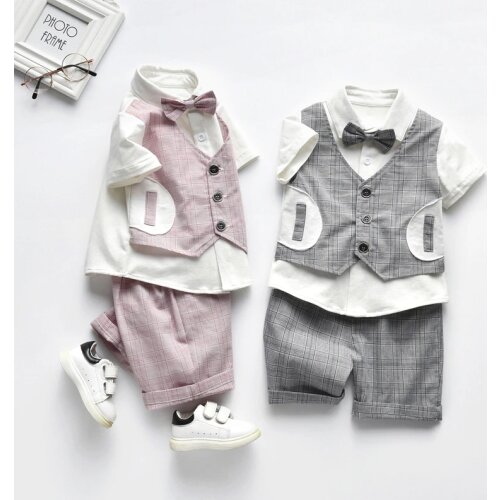 2020 Fashion little gentleman summer plaid shirt baby boy Cotton children kids clothes baby party 6-36 Months [ shirts + pants ]