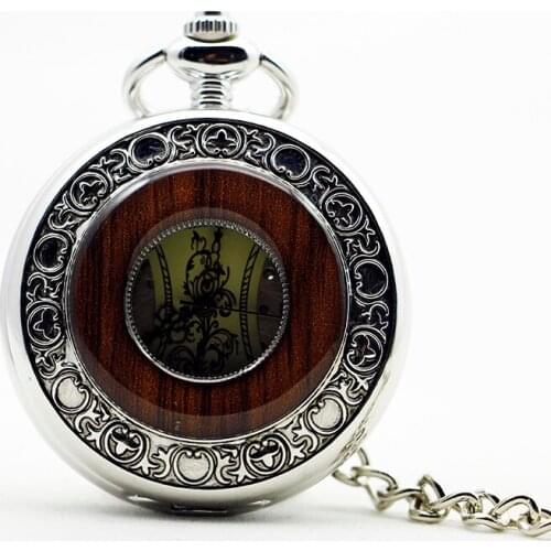 Silver Fashion Steel Wooden Mechanical Pocket Watch Unisex Necklace Clock Men Women Watch reloj collar