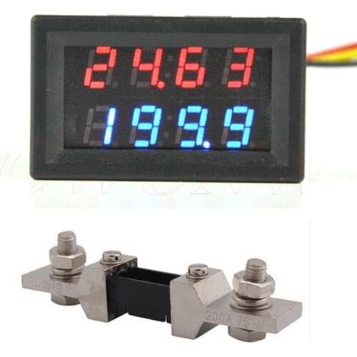 DYKB DC 0-200V 200A + 200A 75mV Shunt Voltmeter Ammeter LED Dual Display for 12v 24v 5v Car Voltage Current Monitor battery