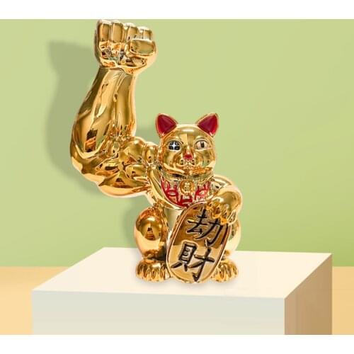Golden Lucky Cat Figurine Feng Shui Strong Muscle Ornaments Statue Brings Good Fortune Shopwindow Office Desk Top Sculpture