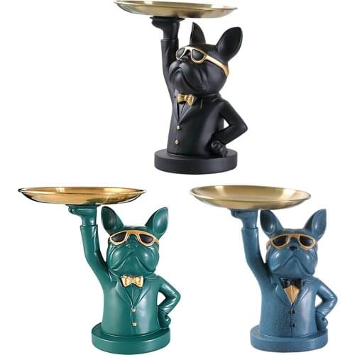 Bulldog Storage Statue Nordic Luxury Figurine Fruit Snacks Candy Tray Entrance Desk Key Plate Coin Bank Sculpture Home Decor