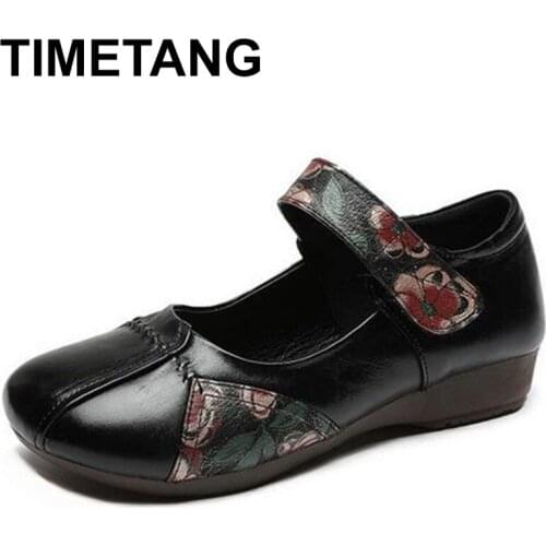 TIMETANGnew classic retro printing women shoes flat shoes soft sole comfortable mother shoes fashion genuine leather ladies shoe