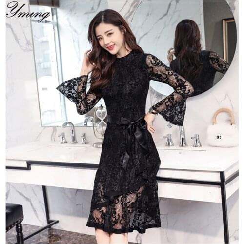 YMING Womens Autumn Lace Slim Slim Bottoming Dress Womens Long Hollow Flared Sleeve Fishtail Dresses Daily Wear