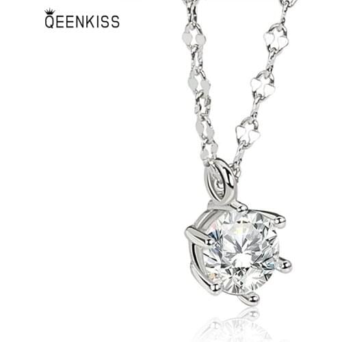 QUEENKISS NC606 Fine Jewelry Wholesale Fashion Lady Girl Birthday Wedding AAA Zircon Round 18KT White Gold Pendant Necklace