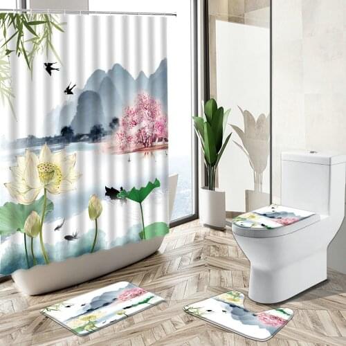 Chinese Lotus Green Bamboo Landscape Shower Curtain Zen Ink Painting Art Non-Slip Pedestal Rug Toilet Cover Bathroom Deco Set