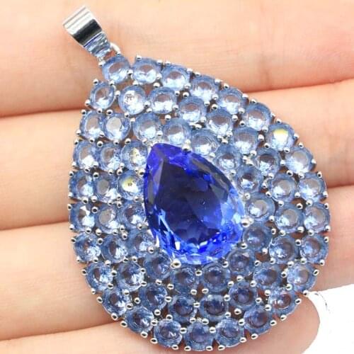 53x37mm New Statement Big Drop Gemstone for Women Silver Pendant Created Violet Tanzanite Eye Catching Daily Wear