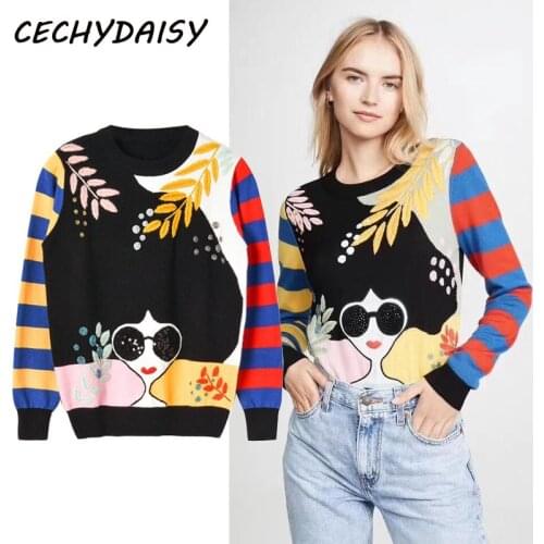Cartoon Sweater Women Winter 2019 Knitwear Pullovers Ladies Warm Casual Embroidery Jumper Clothes Sequin Top Fashion Pull Femme