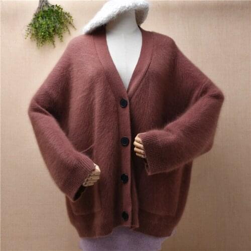 Ladies women winter thick warm hairy mink cashmere knitted v-neck loose plus size cardigan angora fur jacket coat sweater pull