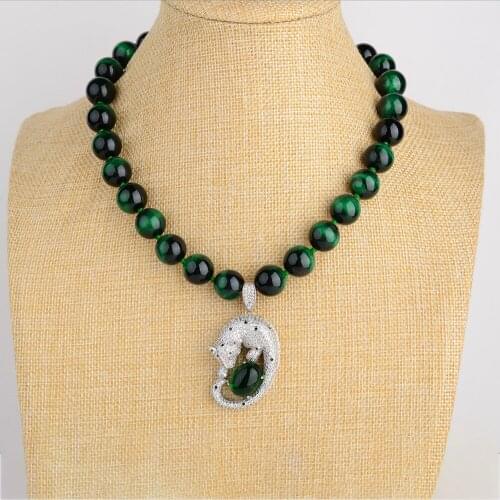 Womens 18" Round Green Tigers Eye Necklace CZ Pendant