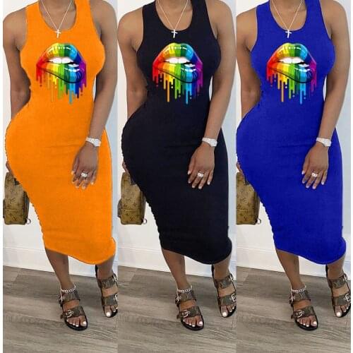 2020 Women Summer Midi Dress Sexy Sleeveless Mouth Print Bandage Party Night Club Casual Fashion Street Dresses Vestidos GL8694