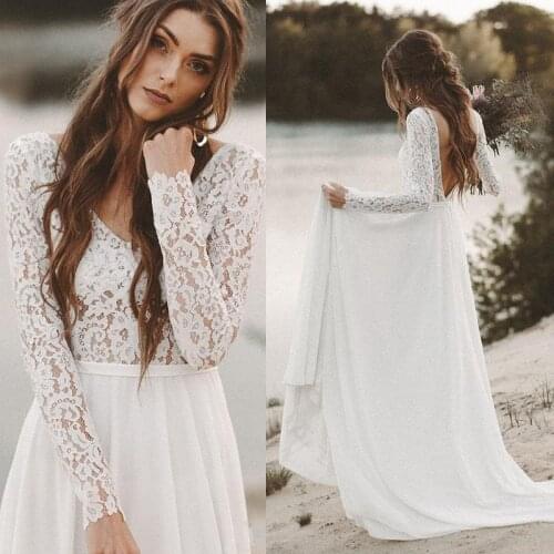2021 Summer Boho Beach Lace Bridal Wedding Dresses Long Sleeves V Neckline Wedding Gowns for Bride Backless Affordable